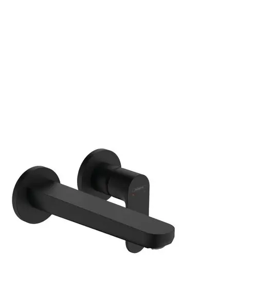 Hansgrohe Wandmontage-Waschtischmischer in Mattschwarz mit langem Auslauf und einfacher Bedienung durch einen Hebel. Minimalistisches Design, geeignet für moderne Badezimmer.